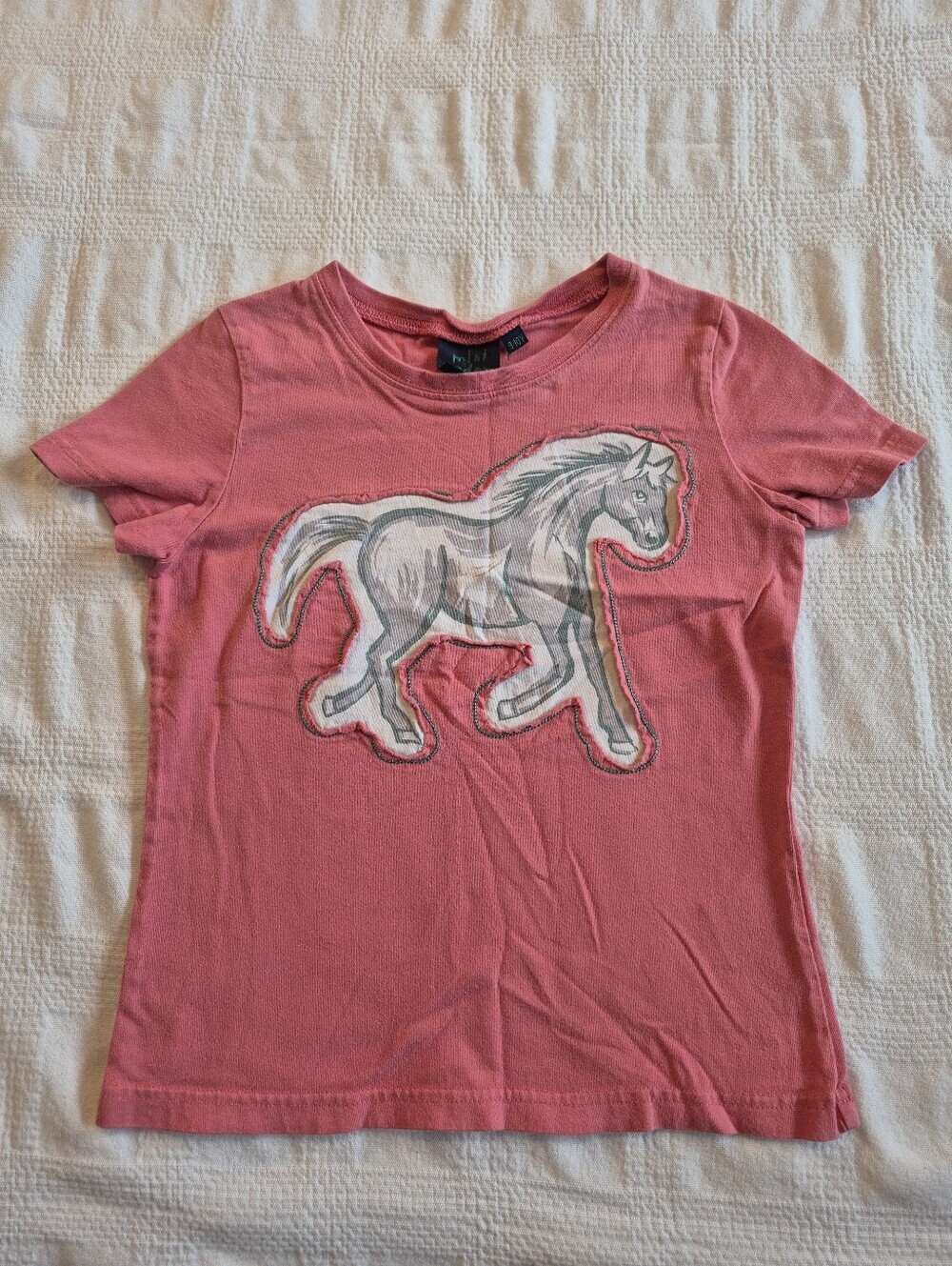 Mini Boden girls 9-10 years coral short sleeve shirt with horse design, GUC